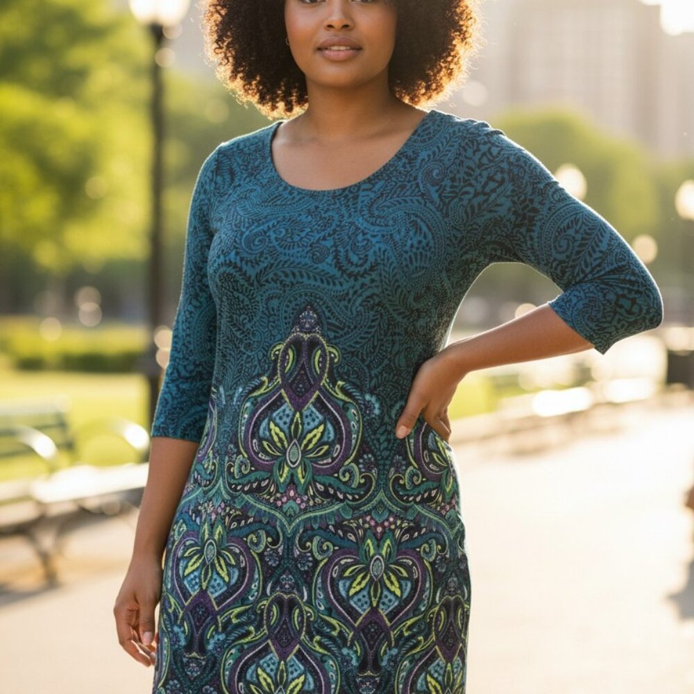 (C-90)Spense Women’s Dress Size 12 Teal‎ Green Paisley Print 3/4 Sleeve Stretch